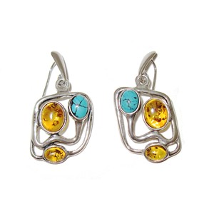 Amber and Turquoise Openwork Square Earrings